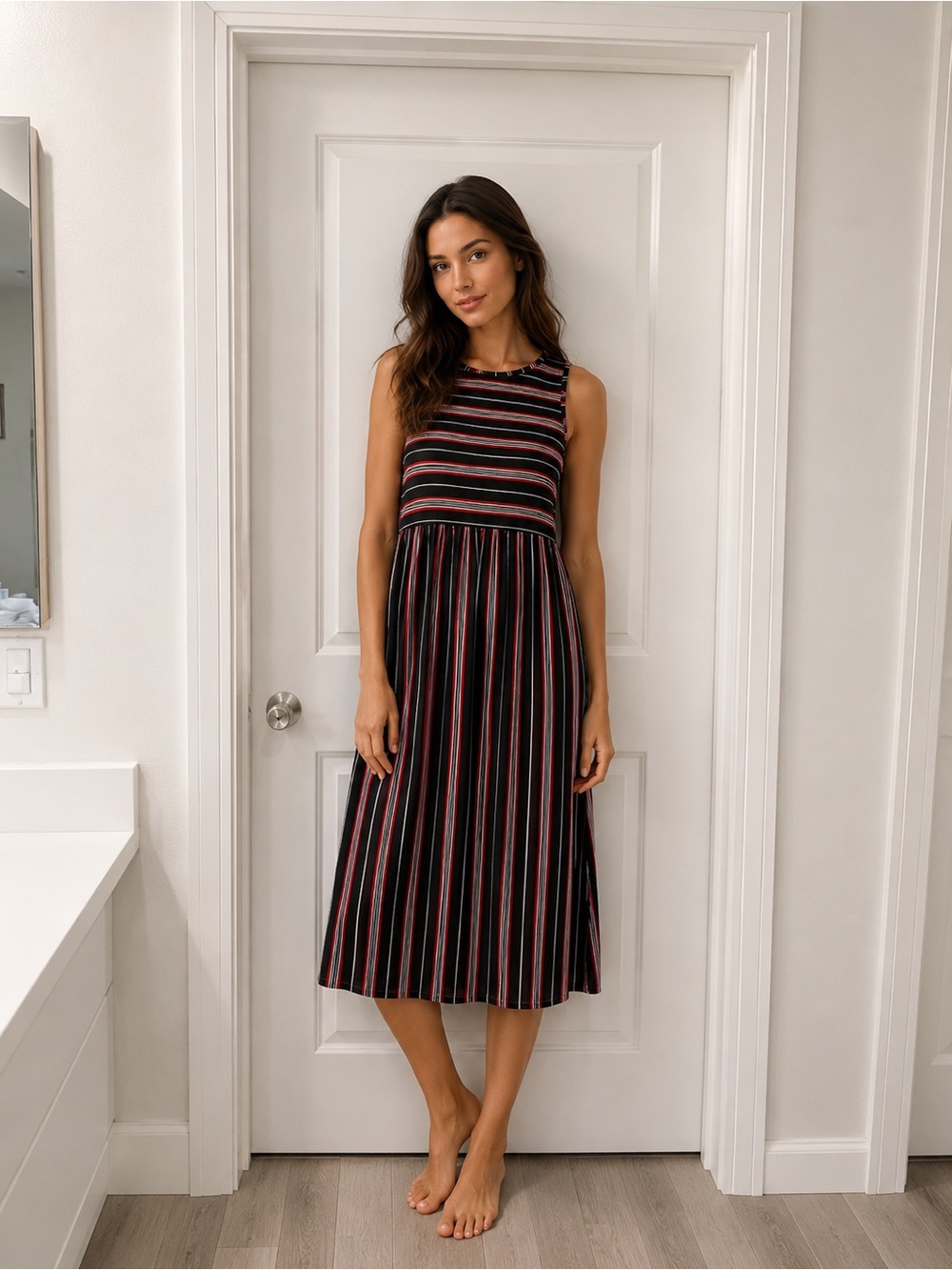 Rainbow XL Sleeveless Stripe Midi Dress Black Red Casual